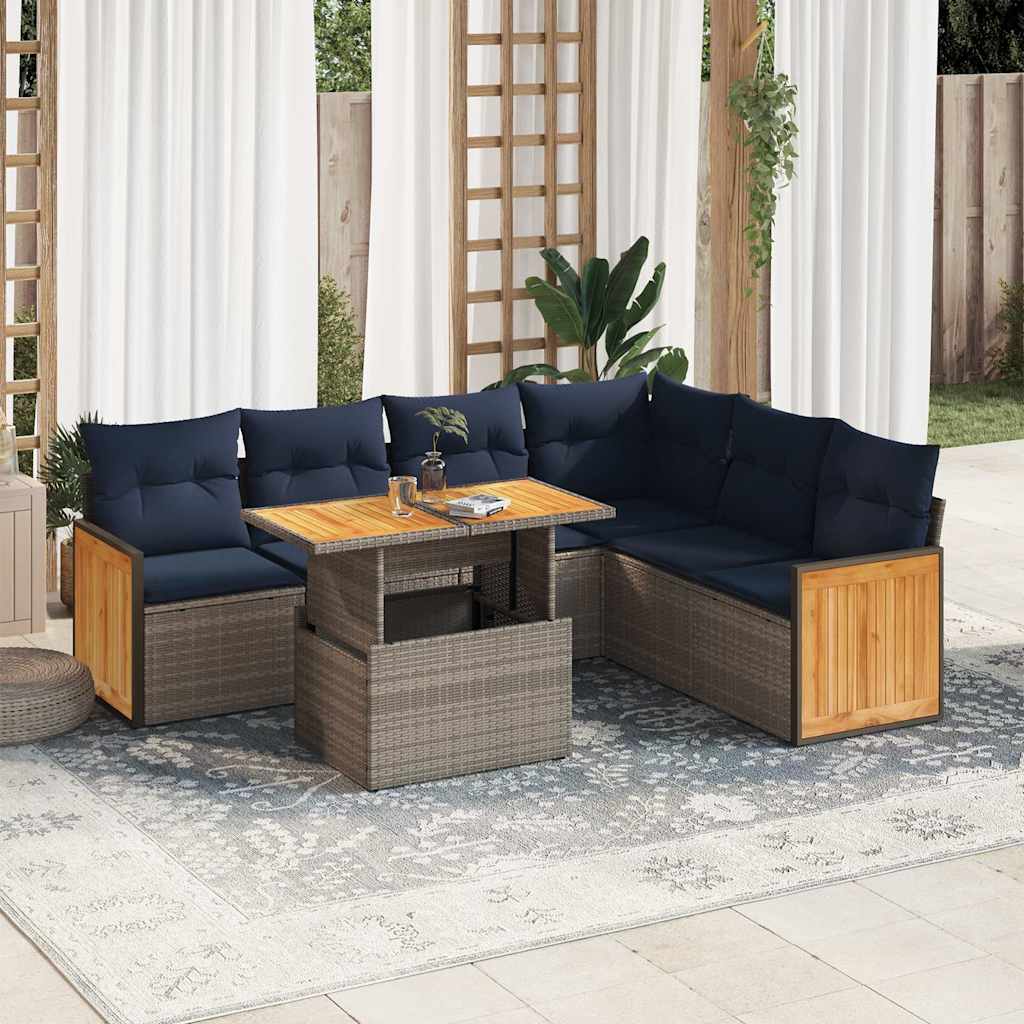 7 Pcs conjunto sofás jardim almofadões vime PE/acácia cinzento