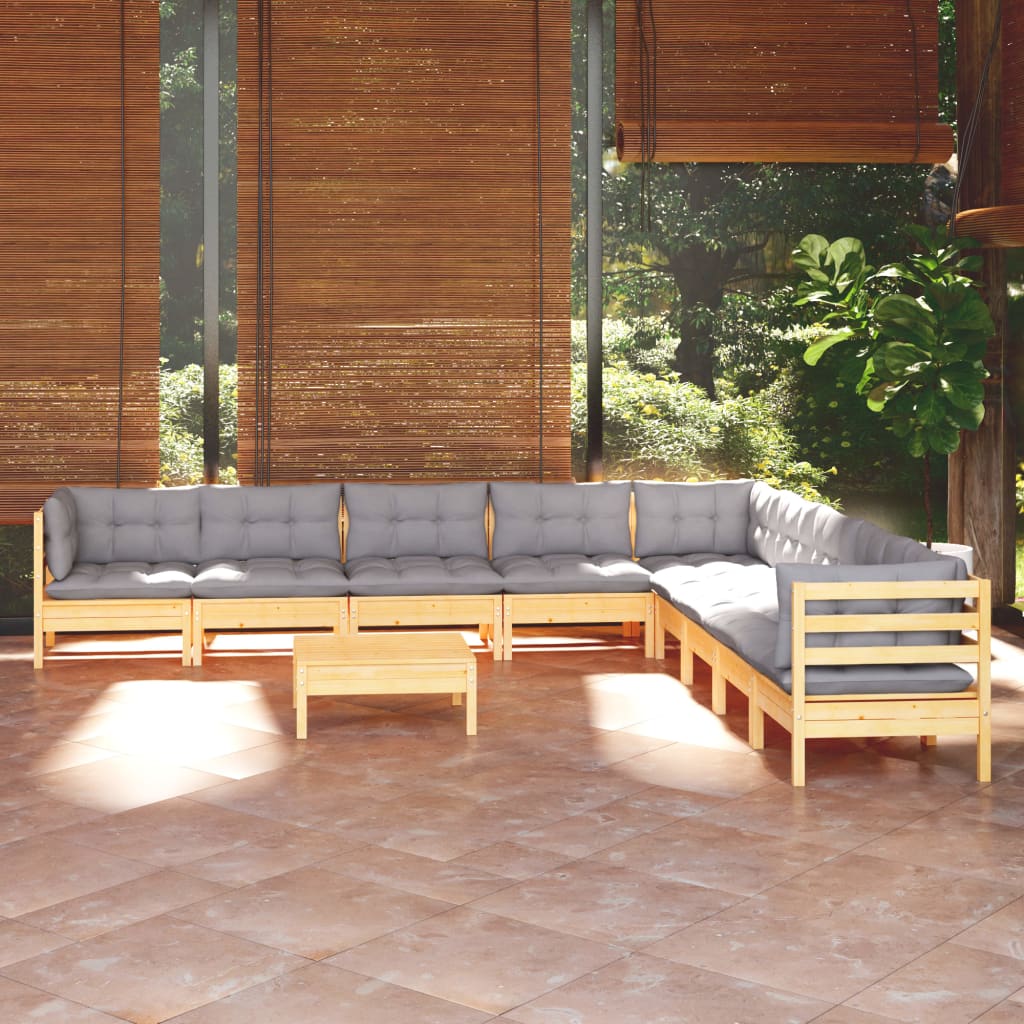 10Pcs conjunto lounge de jardim + almofadões cinza pinho maciço