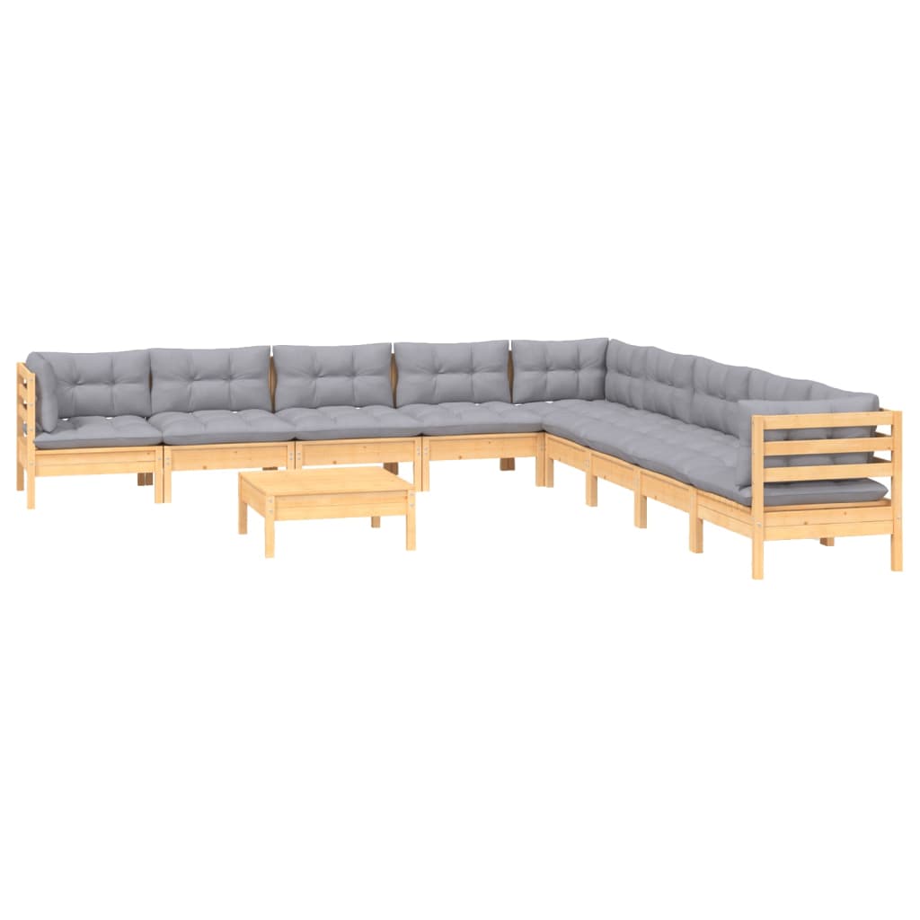 10Pcs conjunto lounge de jardim + almofadões cinza pinho maciço