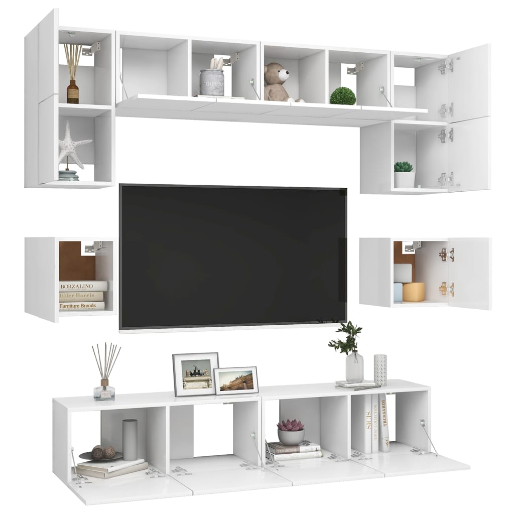 8 Pcs conjunto de móveis de TV derivados de madeira branco