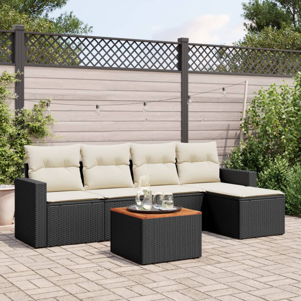 6 Pcs conjunto sofás de jardim c/ almofadões vime PE preto