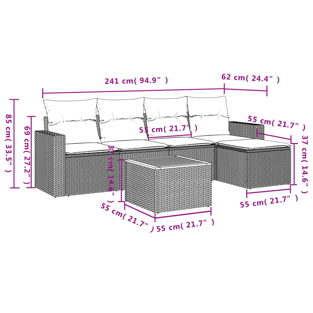6 Pcs conjunto sofás de jardim c/ almofadões vime PE preto