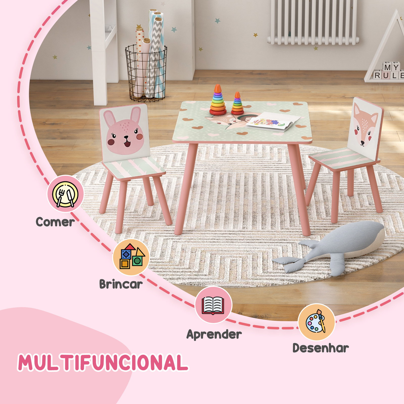 Conjunto de mesa e cadeiras para crianças de 3 peças mesa infantil com 2 cadeiras conjunto de móveis para atividades rosa