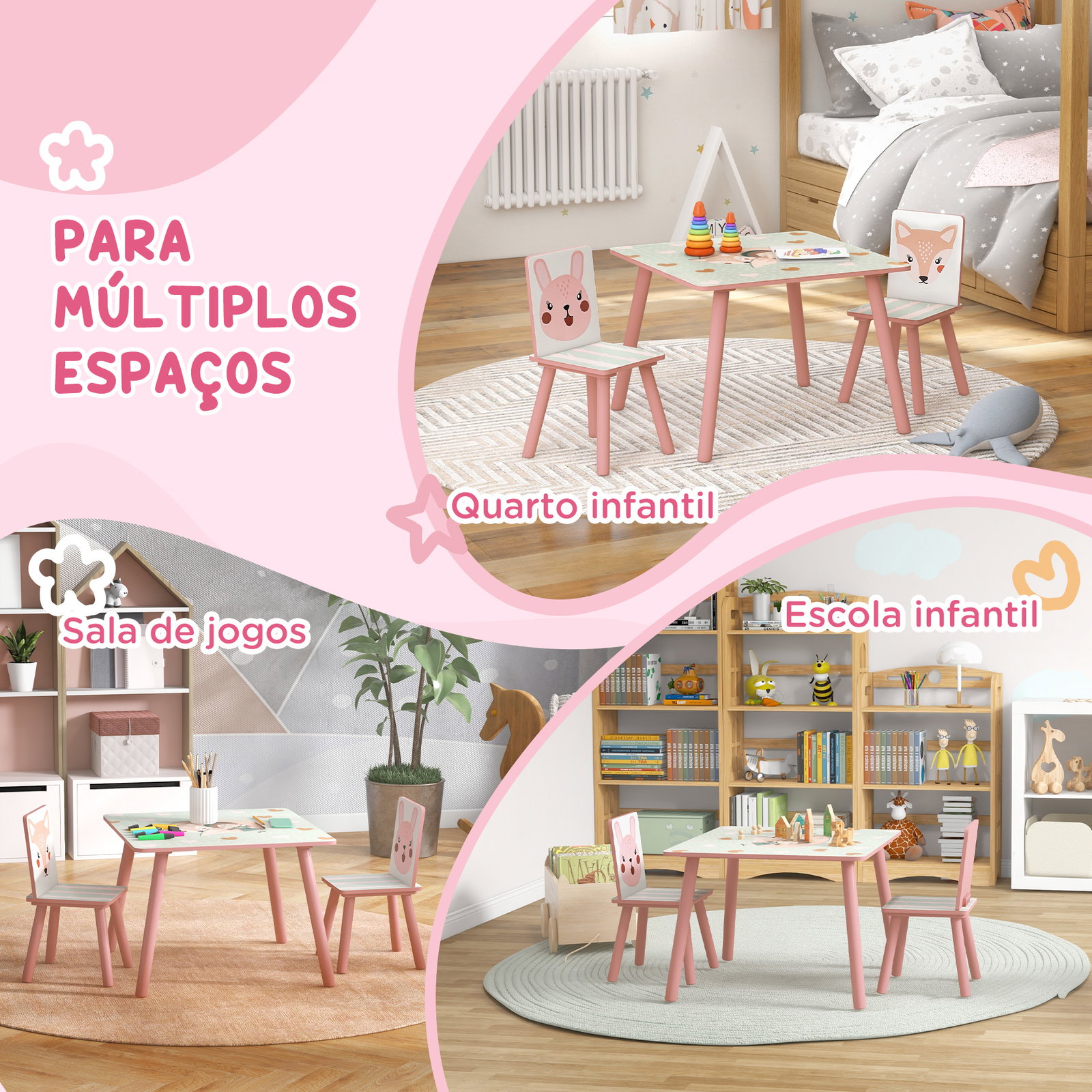 Conjunto de mesa e cadeiras para crianças de 3 peças mesa infantil com 2 cadeiras conjunto de móveis para atividades rosa
