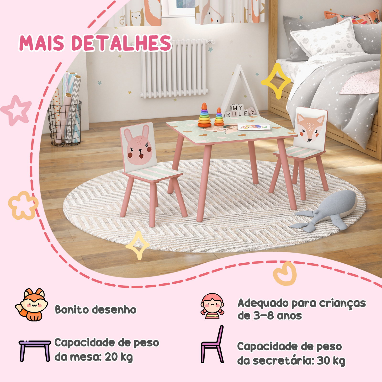 Conjunto de mesa e cadeiras para crianças de 3 peças mesa infantil com 2 cadeiras conjunto de móveis para atividades rosa