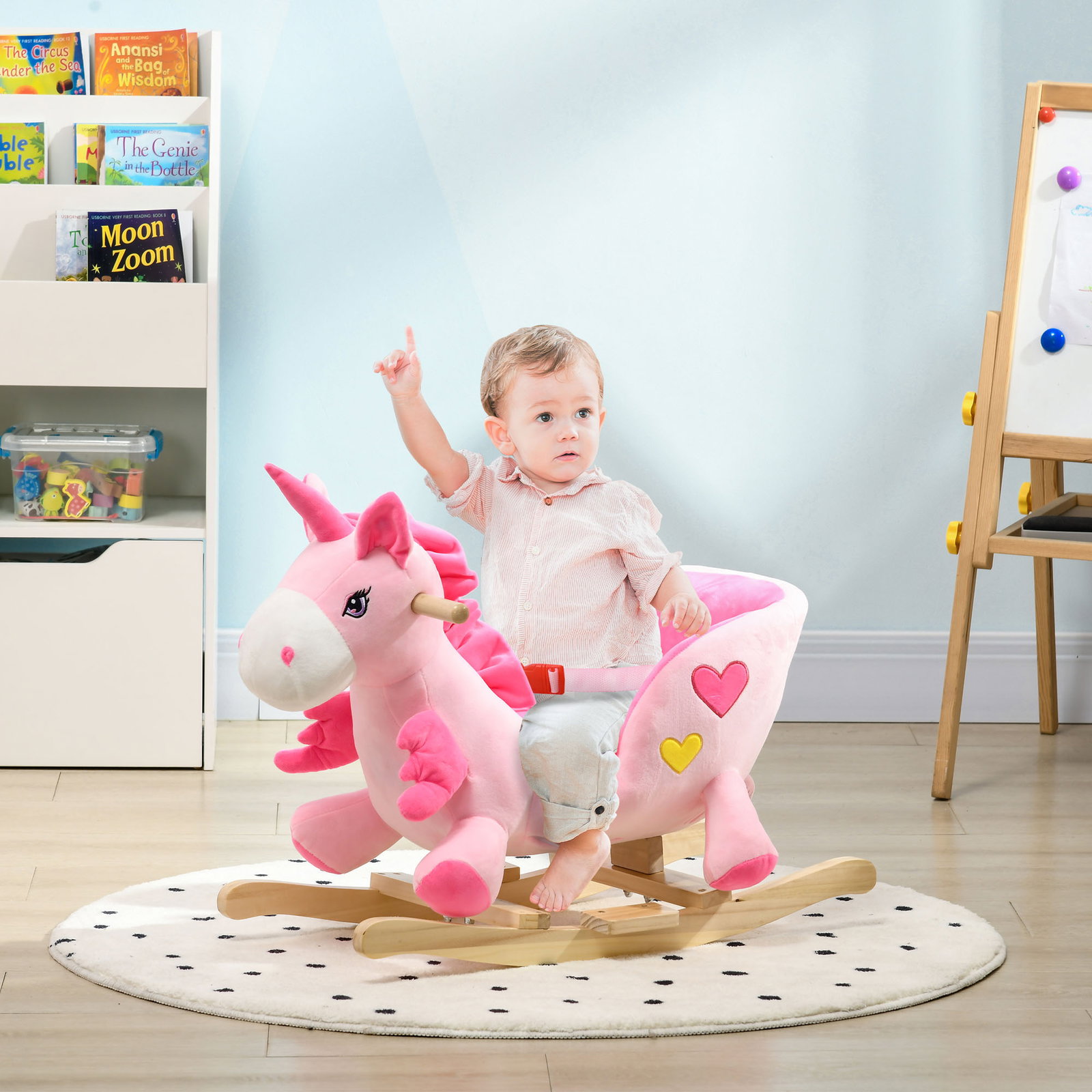 Cavalo baloiço para bebés baloiço em forma de unicornio com música cinto de segurança e apoio para os pés 65x35x45 cm rosa