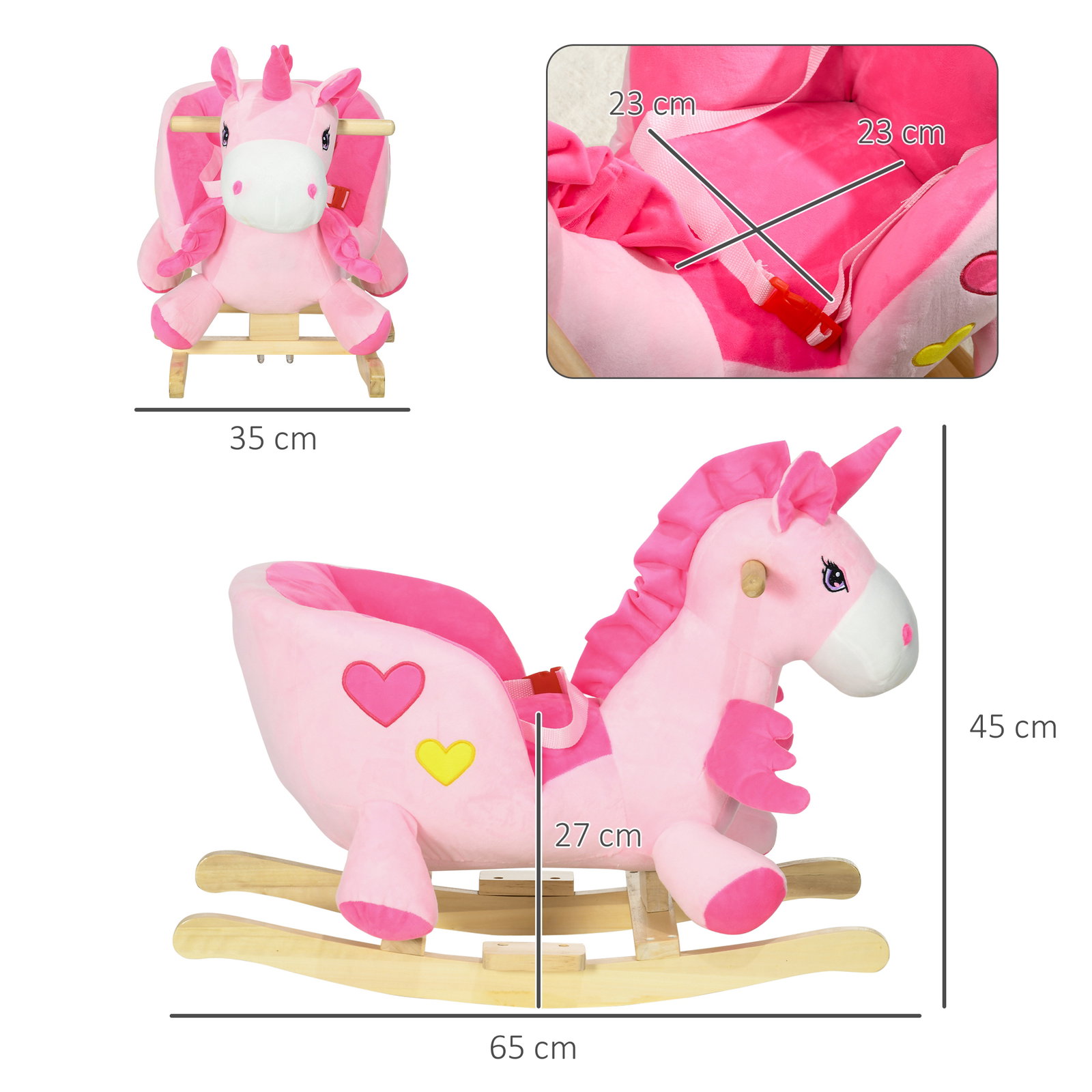 Cavalo baloiço para bebés baloiço em forma de unicornio com música cinto de segurança e apoio para os pés 65x35x45 cm rosa