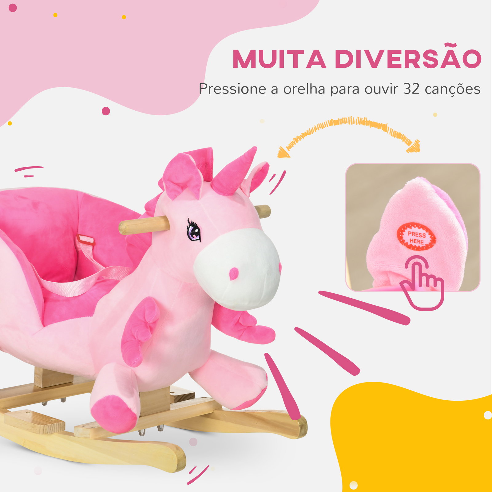Cavalo baloiço para bebés baloiço em forma de unicornio com música cinto de segurança e apoio para os pés 65x35x45 cm rosa