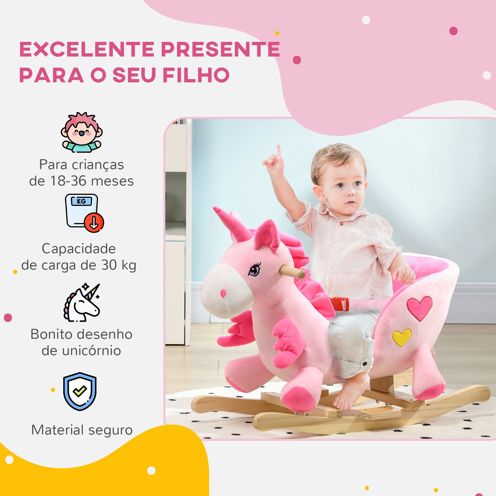 Cavalo baloiço para bebés baloiço em forma de unicornio com música cinto de segurança e apoio para os pés 65x35x45 cm rosa