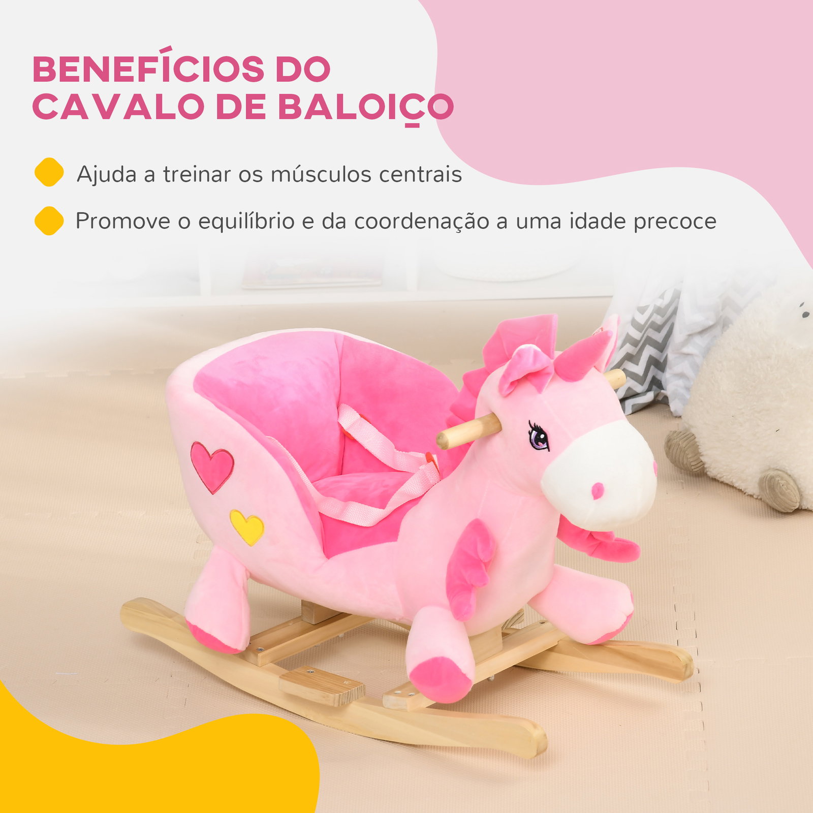Cavalo baloiço para bebés baloiço em forma de unicornio com música cinto de segurança e apoio para os pés 65x35x45 cm rosa