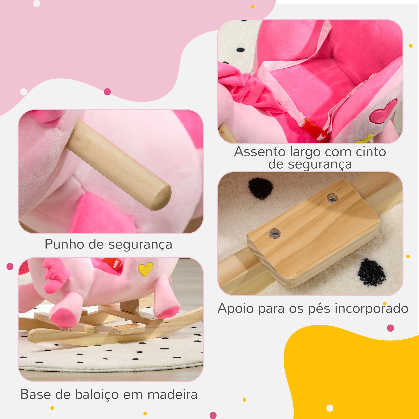 Cavalo baloiço para bebés baloiço em forma de unicornio com música cinto de segurança e apoio para os pés 65x35x45 cm rosa