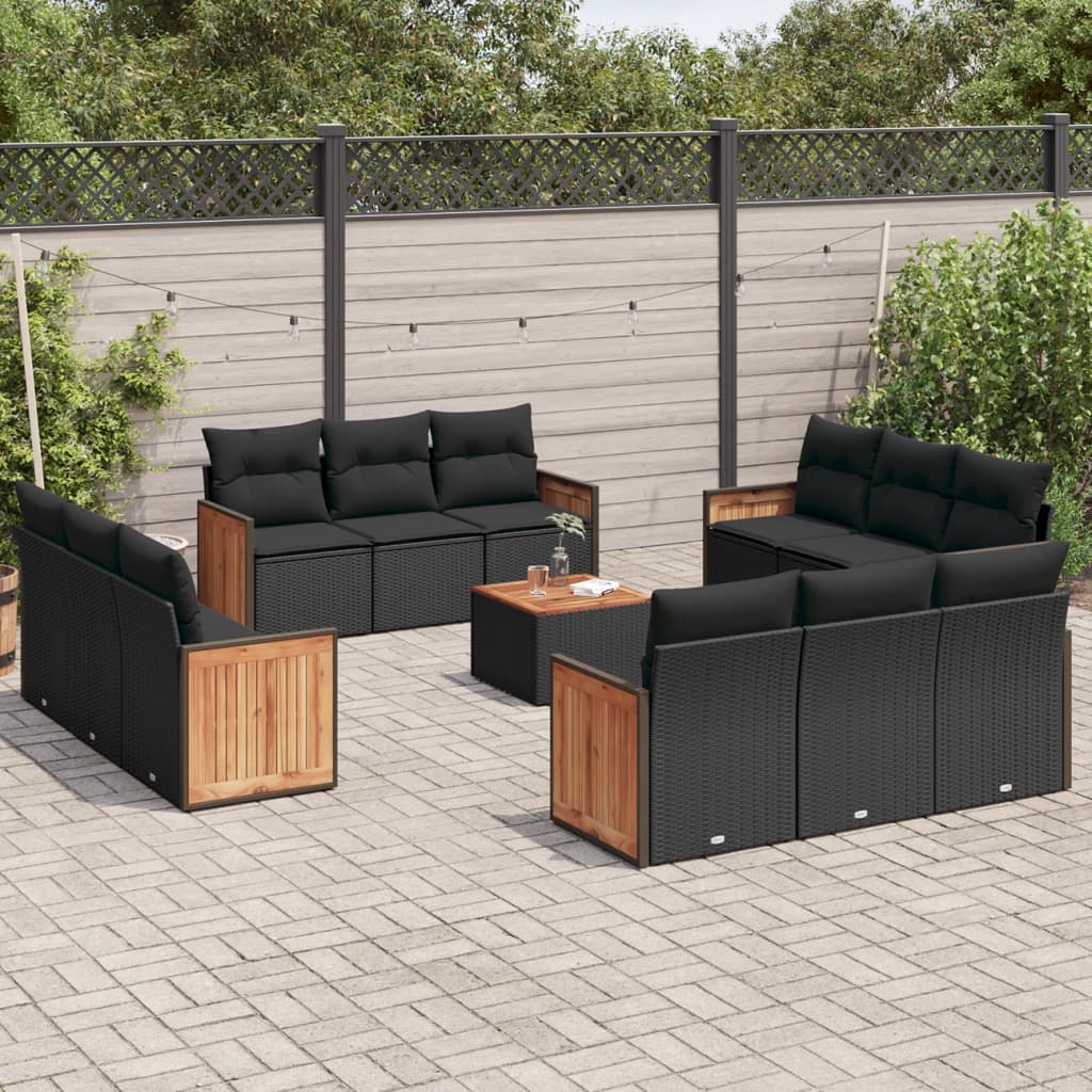 13 Pcs conjunto de sofás de jardim com almofadões vime PE preto