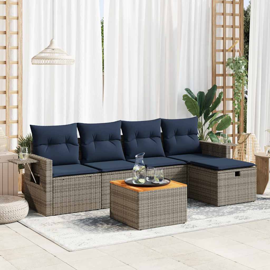 6 Pcs conjunto sofás de jardim com almofadões vime cinzento