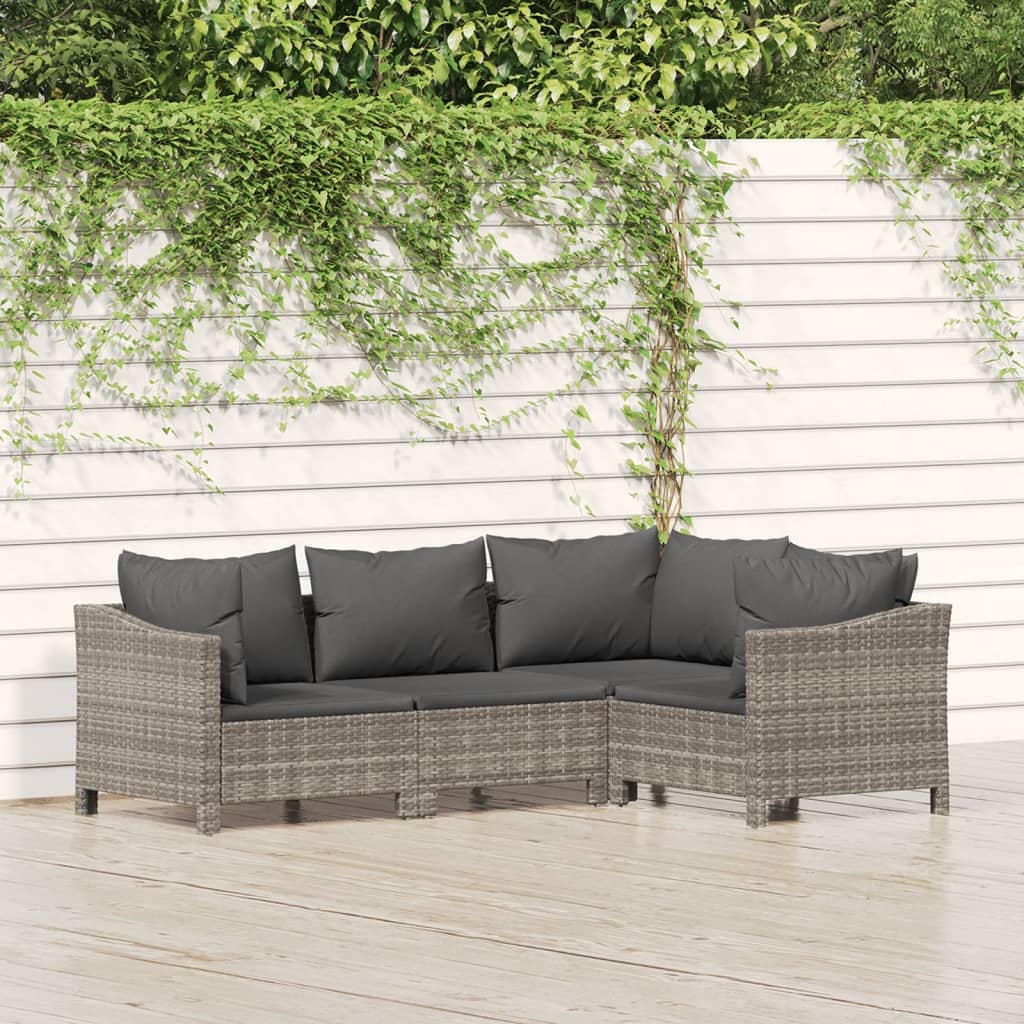 4 Pcs conjunto lounge de jardim c/ almofadões vime PE cinzento