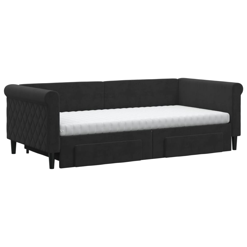 Sofá-cama com gavetão e gavetas 90x190 cm veludo preto