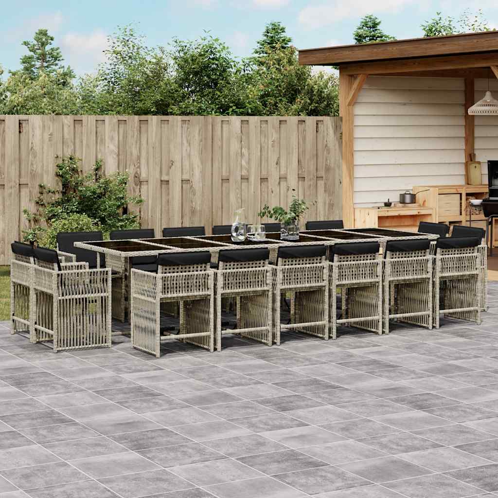 17 Pcs conj. jantar jardim c/ almofadões vime PE cinzento-claro