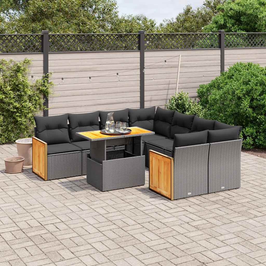 9 Pcs conjunto de sofás p/ jardim c/ almofadões vime PE preto