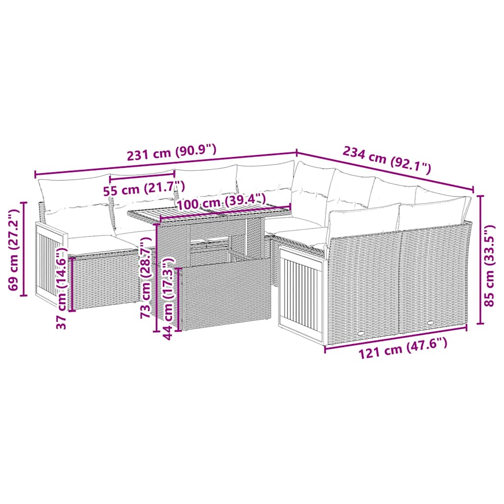 9 Pcs conjunto de sofás p/ jardim c/ almofadões vime PE preto