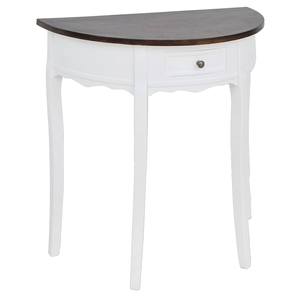 Mesa consola meia-lua com gaveta e tampo castanho