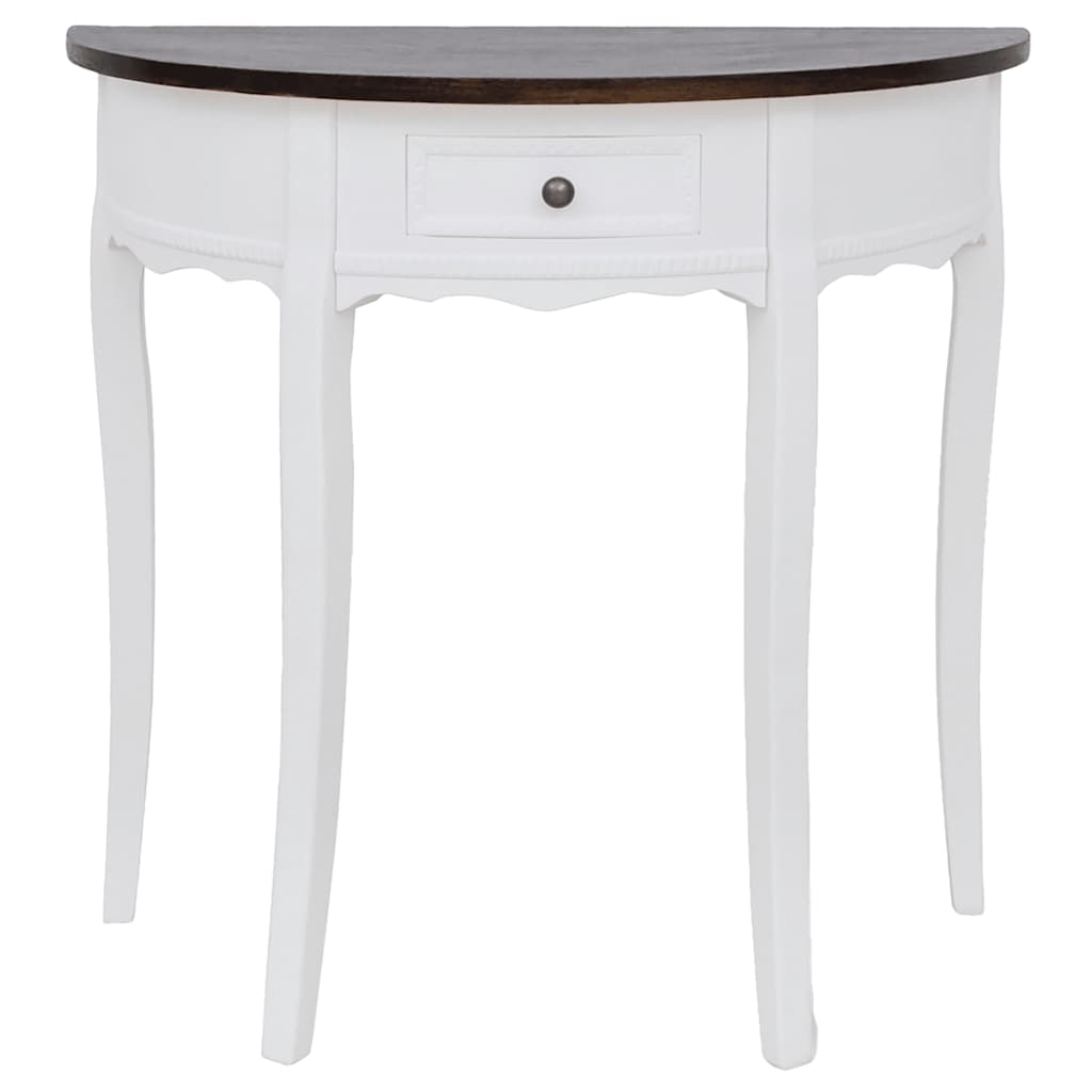 Mesa consola meia-lua com gaveta e tampo castanho