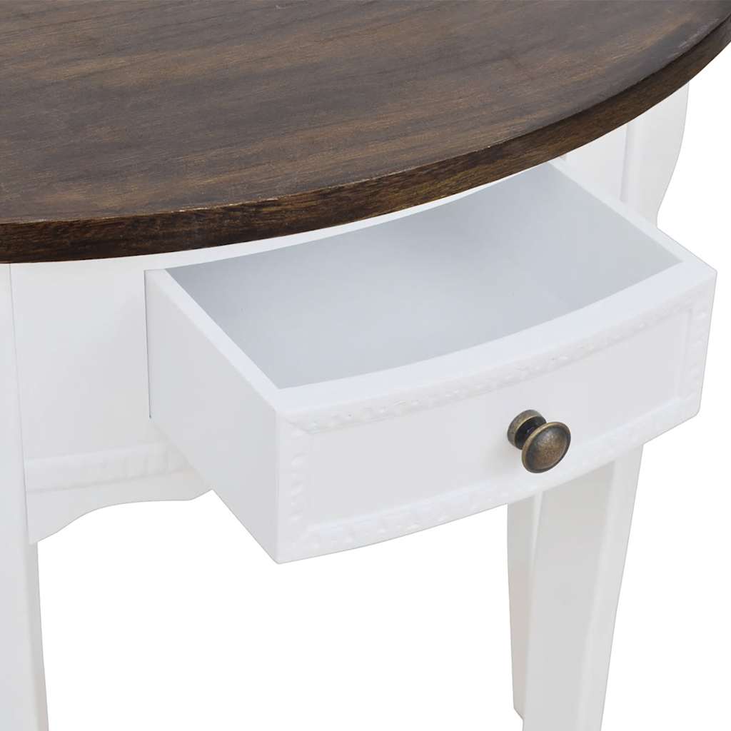Mesa consola meia-lua com gaveta e tampo castanho