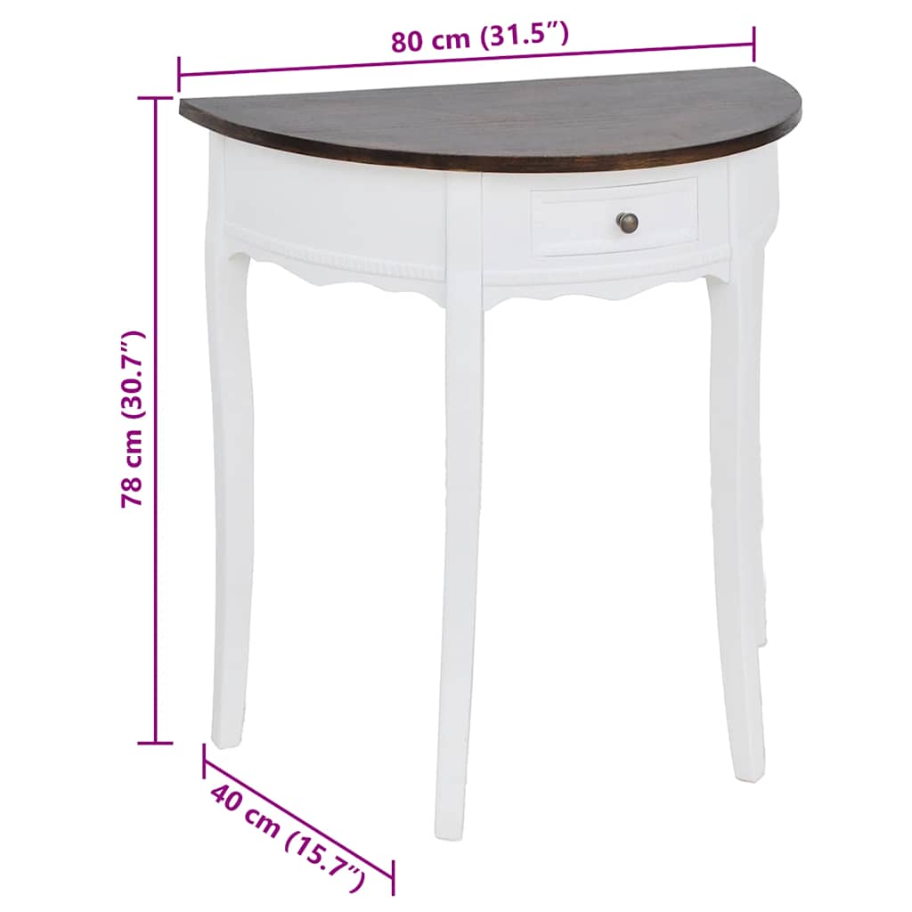 Mesa consola meia-lua com gaveta e tampo castanho