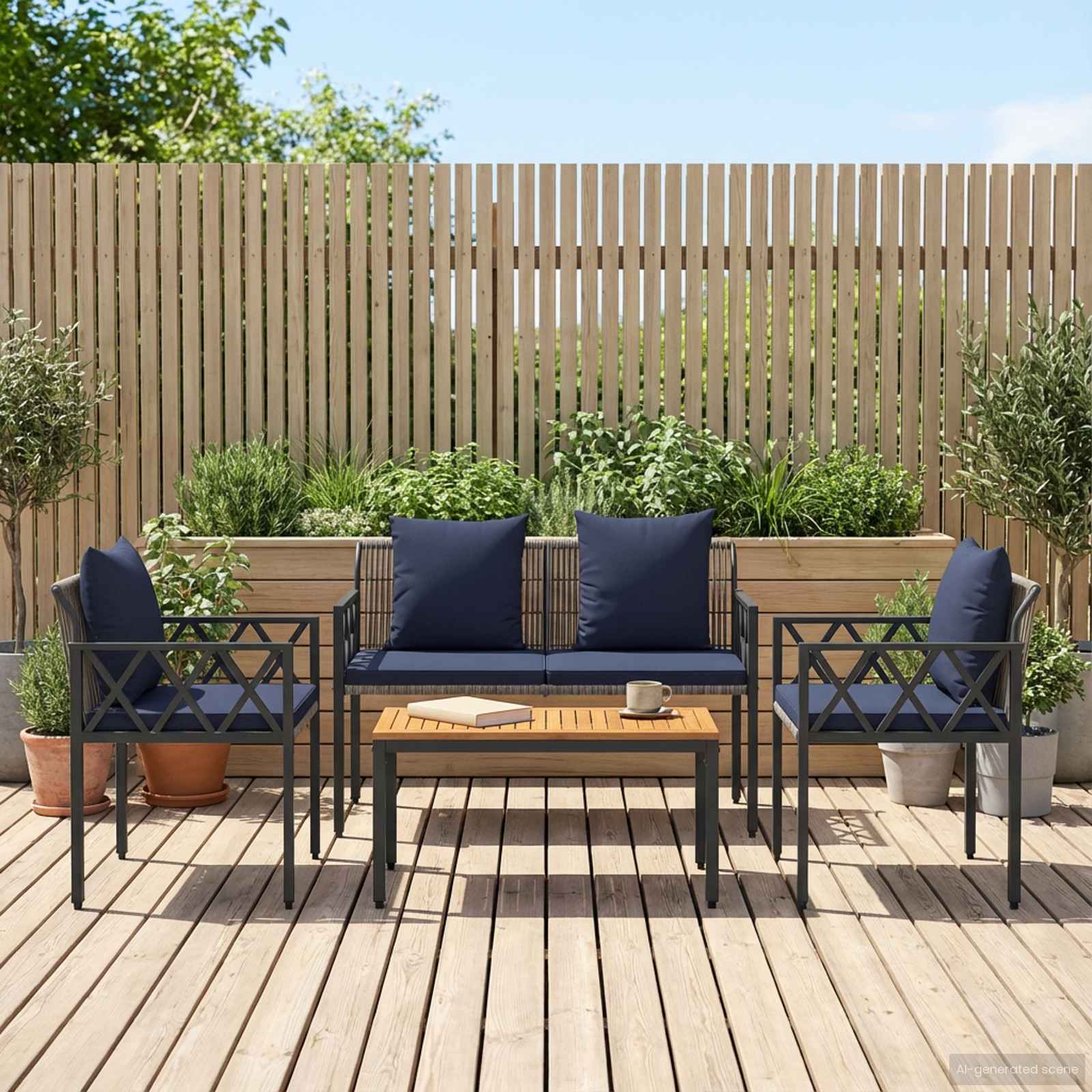 Conjunto de móveis para exterior 4 unid. cinza e azul marinho