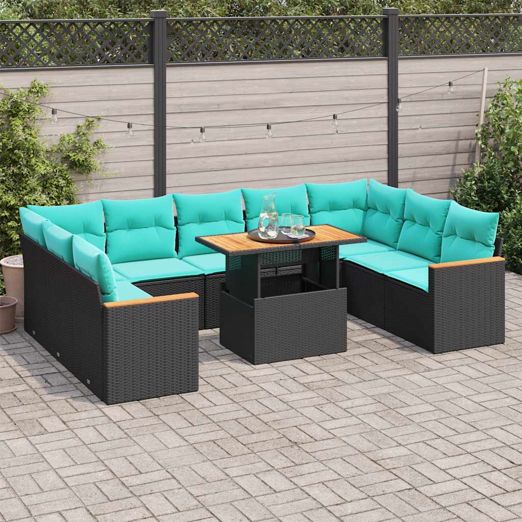 10 Pcs conjunto sofás de jardim c/ almofadões vime PE preto