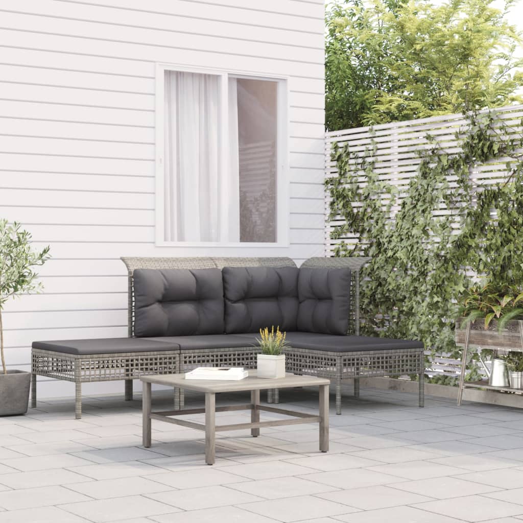 4 Pcs conjunto lounge de jardim c/ almofadões vime PE cinzento