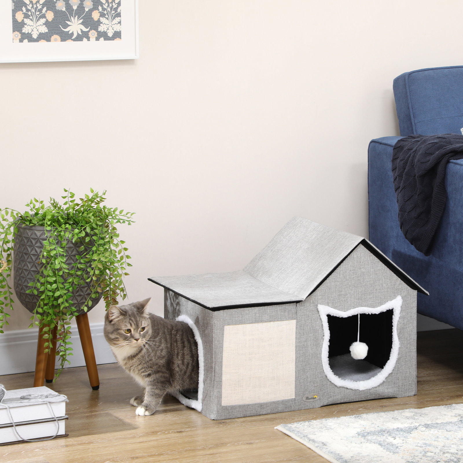 Casa para gatos com almofada para arranhar almofada macia e bola suspensa 65x41x45,5 cm cinza