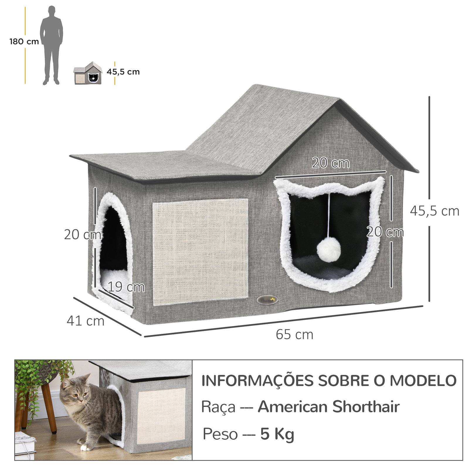 Casa para gatos com almofada para arranhar almofada macia e bola suspensa 65x41x45,5 cm cinza