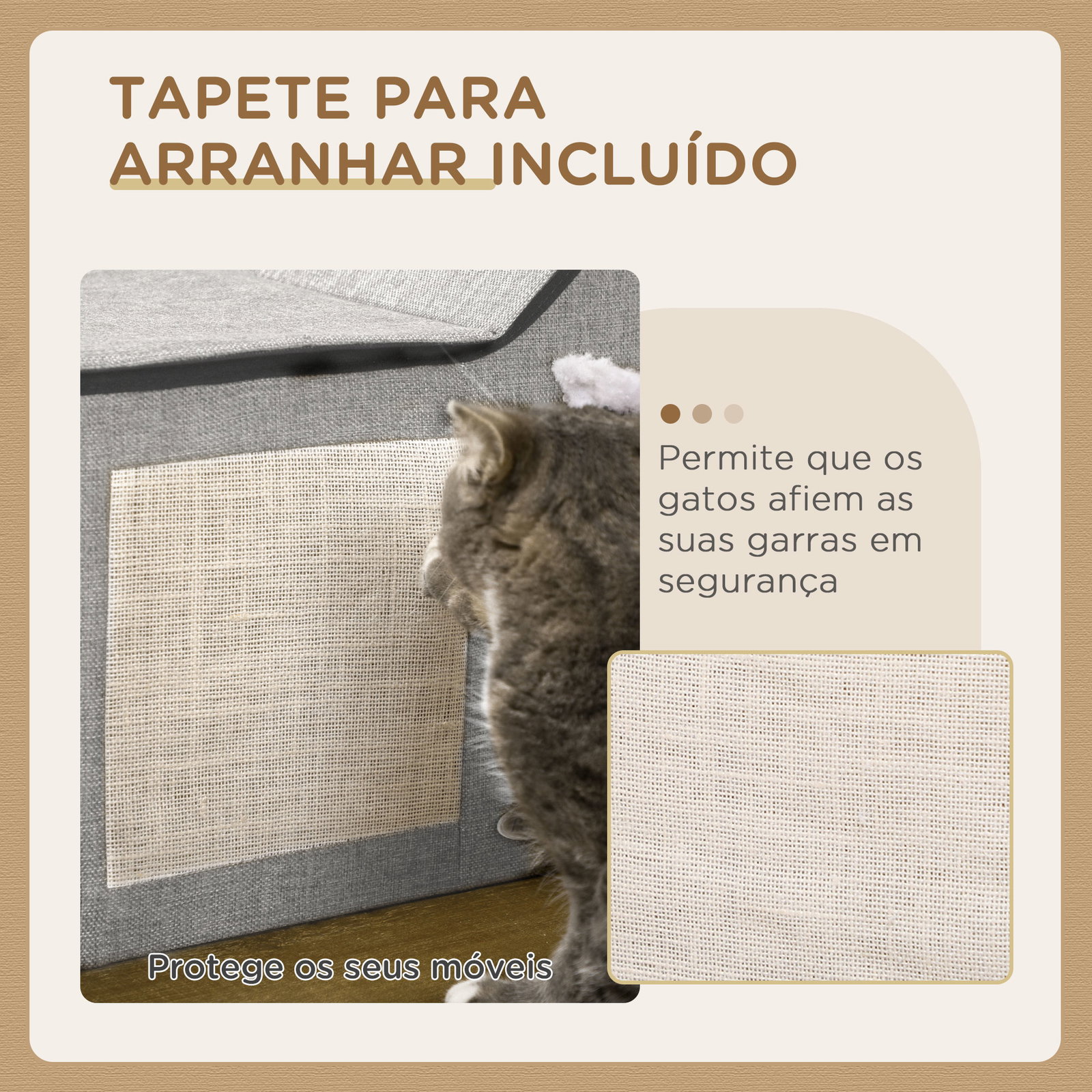 Casa para gatos com almofada para arranhar almofada macia e bola suspensa 65x41x45,5 cm cinza