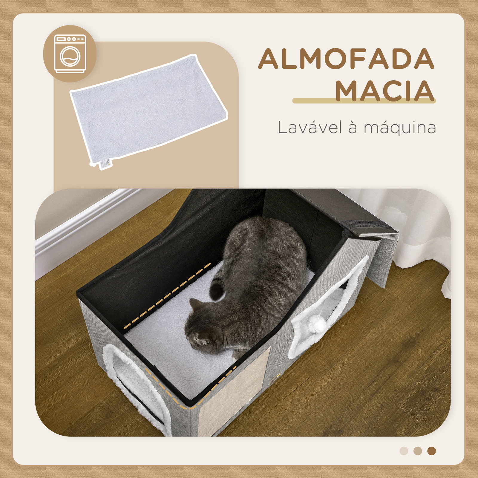 Casa para gatos com almofada para arranhar almofada macia e bola suspensa 65x41x45,5 cm cinza