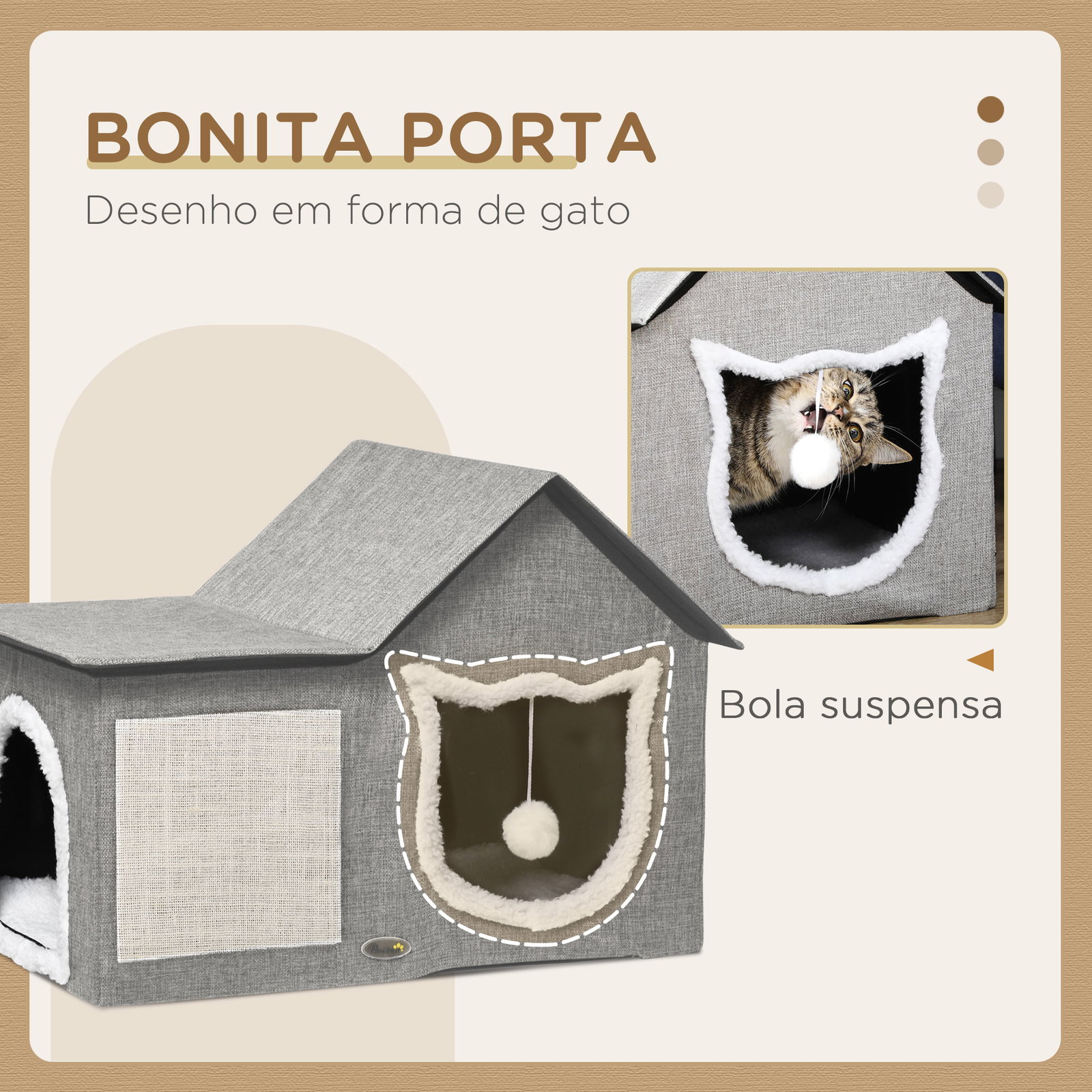 Casa para gatos com almofada para arranhar almofada macia e bola suspensa 65x41x45,5 cm cinza