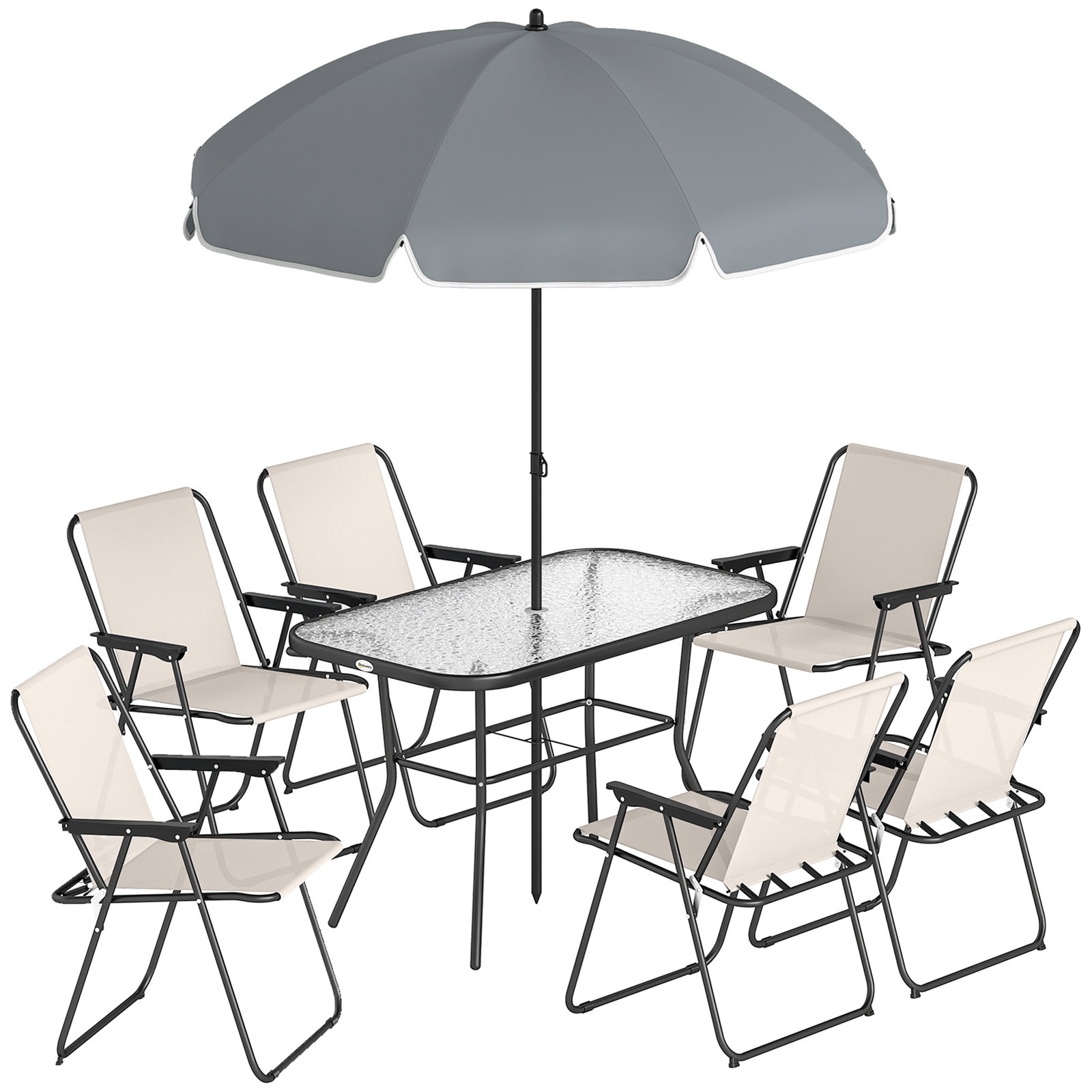 Conjunto de mesa e cadeiras de jardim de 8 peças com chapéu de sol 6 cadeiras dobráveis e mesa de vidro creme e cinza