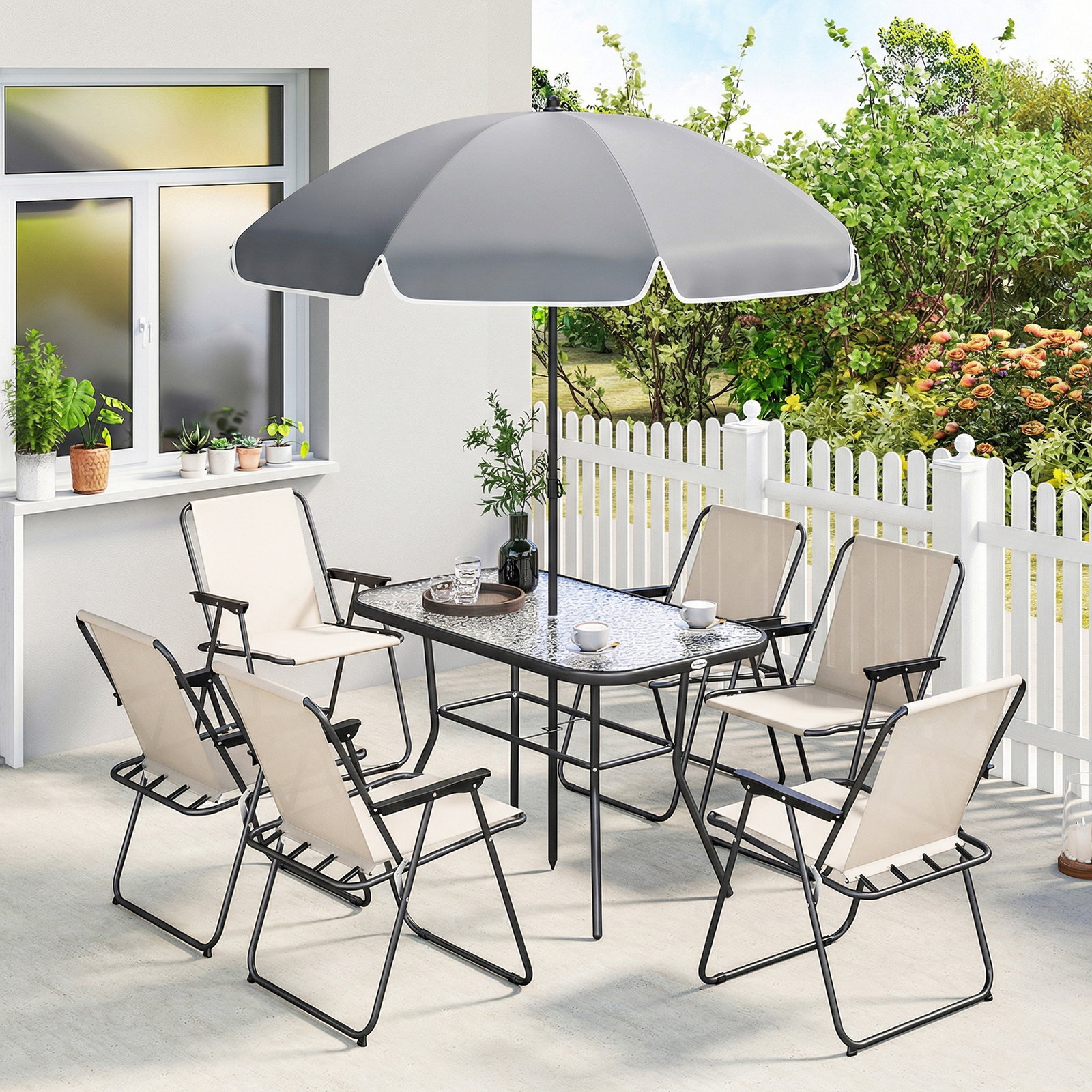 Conjunto de mesa e cadeiras de jardim de 8 peças com chapéu de sol 6 cadeiras dobráveis e mesa de vidro creme e cinza