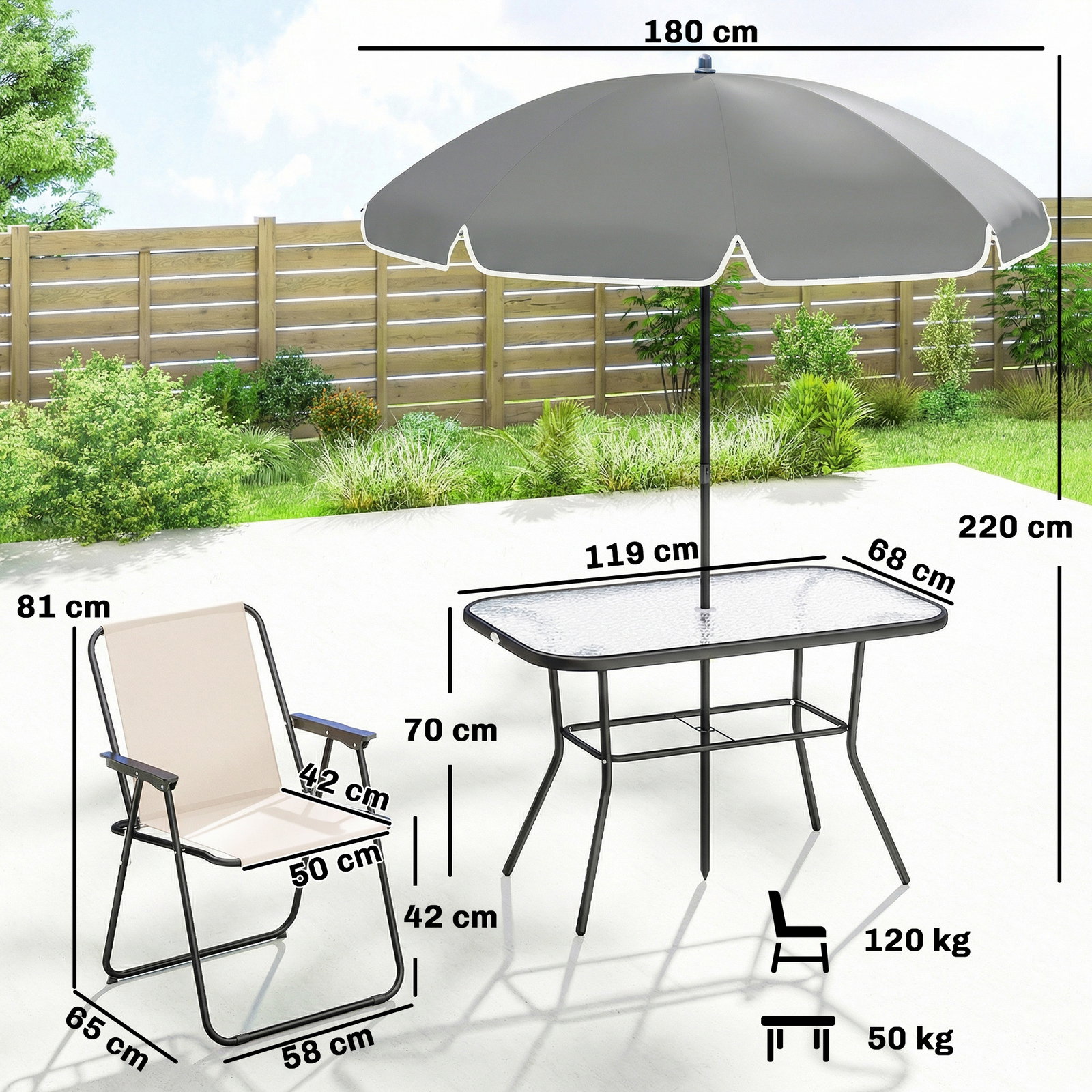 Conjunto de mesa e cadeiras de jardim de 8 peças com chapéu de sol 6 cadeiras dobráveis e mesa de vidro creme e cinza