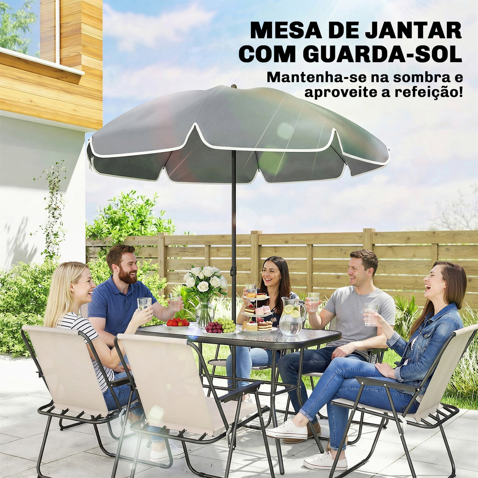 Conjunto de mesa e cadeiras de jardim de 8 peças com chapéu de sol 6 cadeiras dobráveis e mesa de vidro creme e cinza