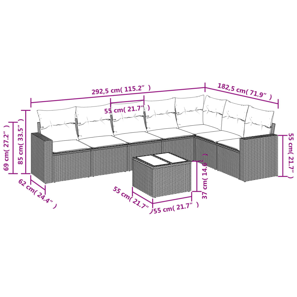8 Pcs conjunto sofás de jardim com almofadões vime PE preto