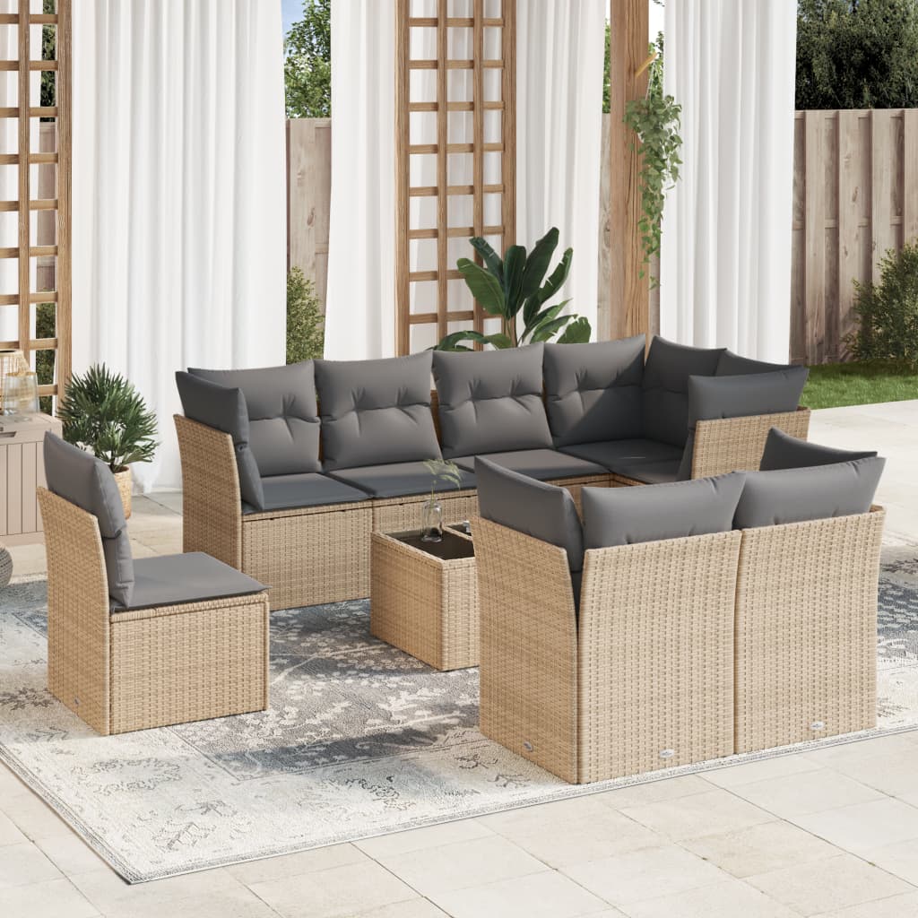 9 Pcs conjunto de sofás p/ jardim com almofadões vime PE bege