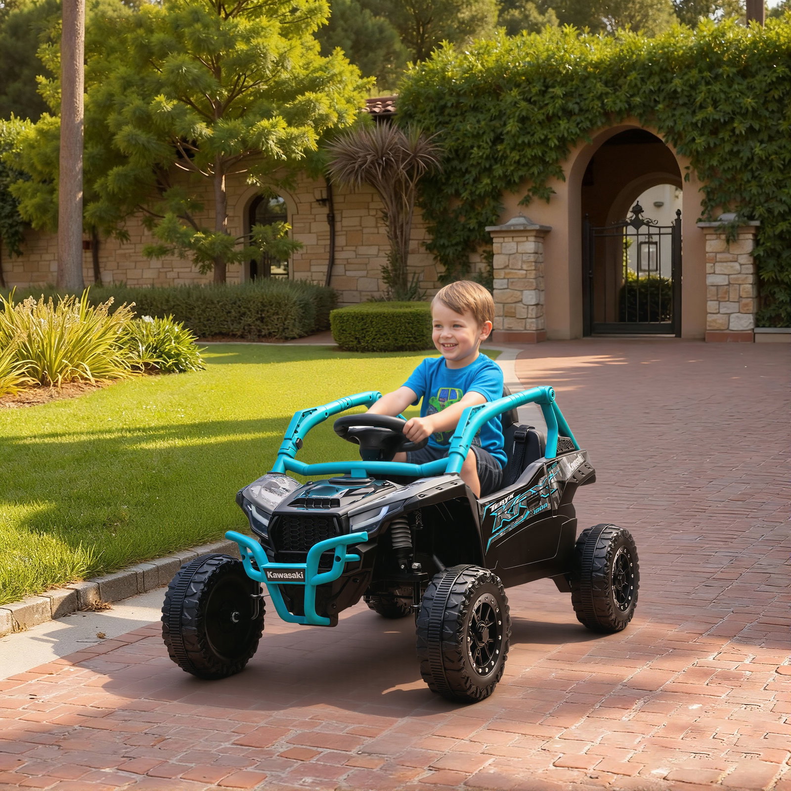 Carro elétrico para crianças 12v kawasaki teryx krx 1000 com 2 motores faróis e USB 100x64x56 cm azul