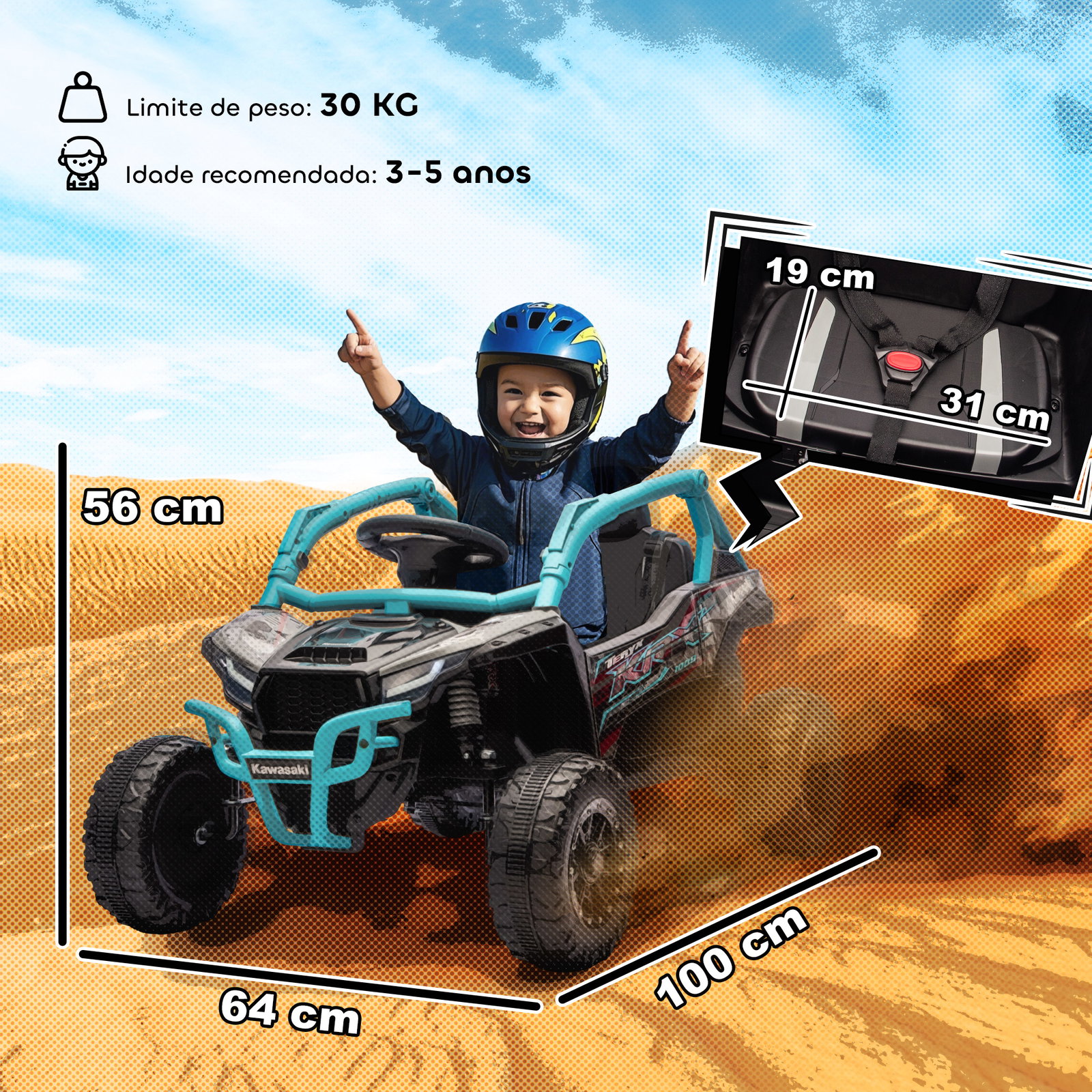 Carro elétrico para crianças 12v kawasaki teryx krx 1000 com 2 motores faróis e USB 100x64x56 cm azul