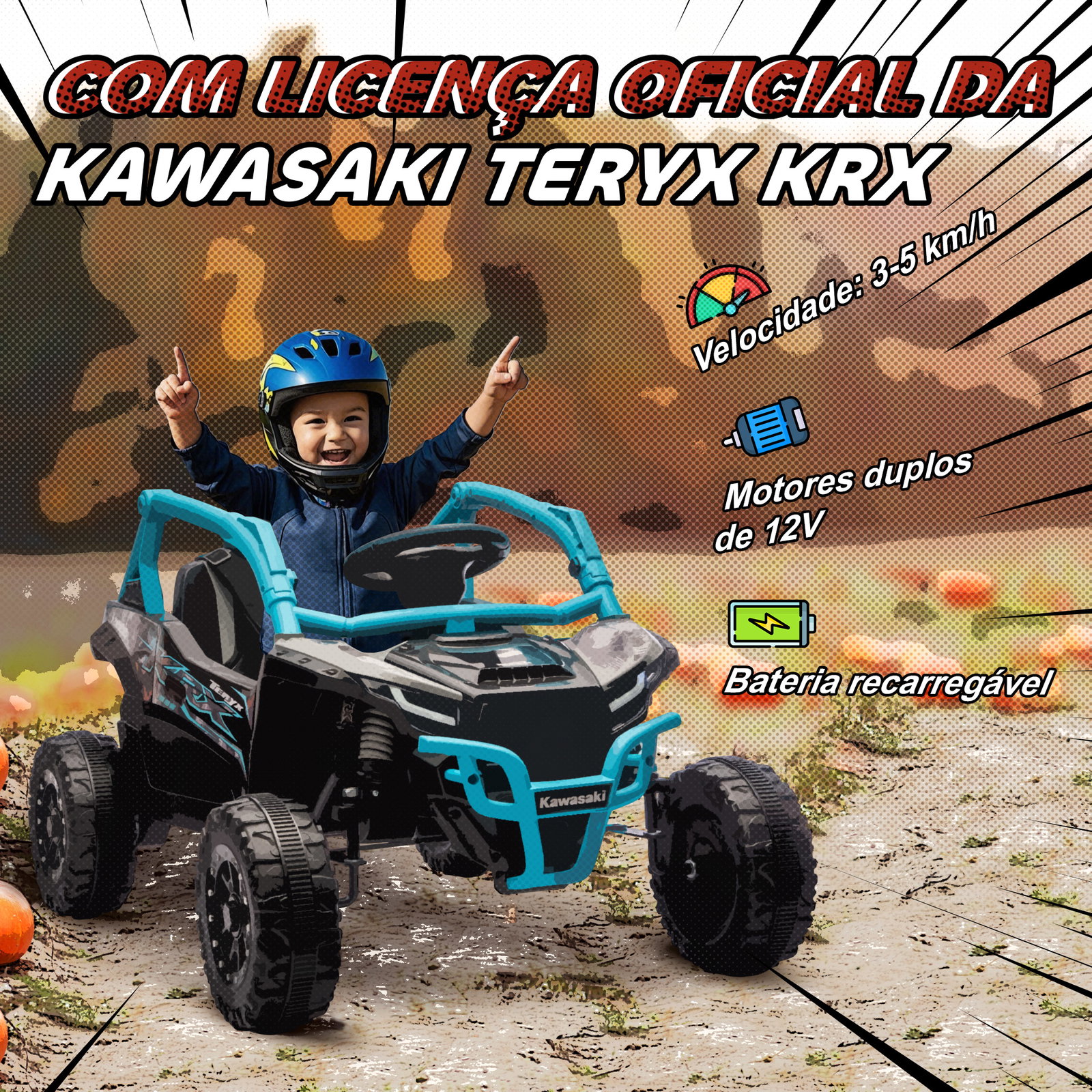 Carro elétrico para crianças 12v kawasaki teryx krx 1000 com 2 motores faróis e USB 100x64x56 cm azul