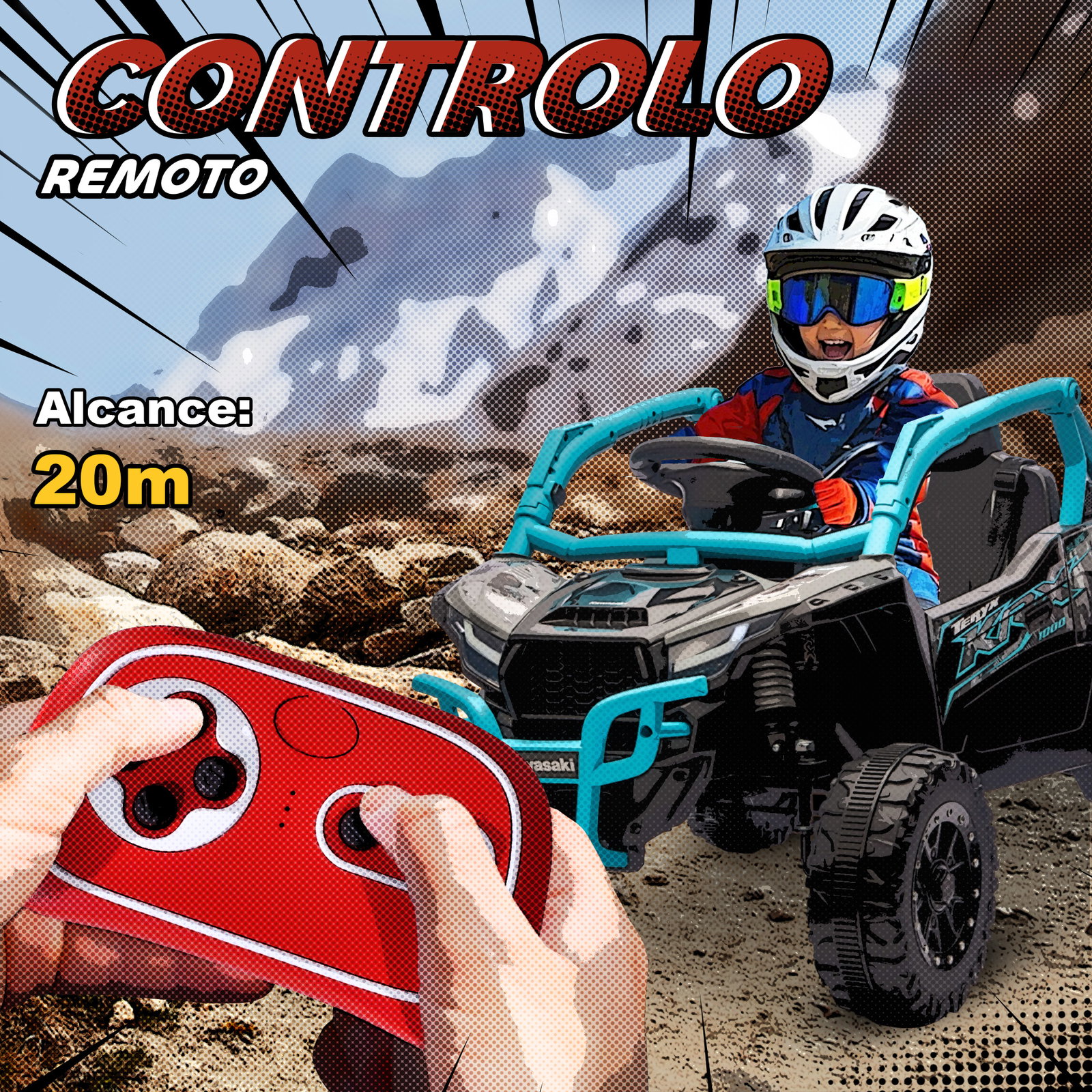 Carro elétrico para crianças 12v kawasaki teryx krx 1000 com 2 motores faróis e USB 100x64x56 cm azul