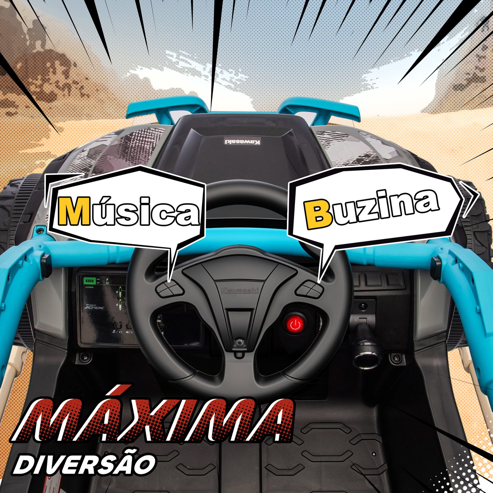 Carro elétrico para crianças 12v kawasaki teryx krx 1000 com 2 motores faróis e USB 100x64x56 cm azul