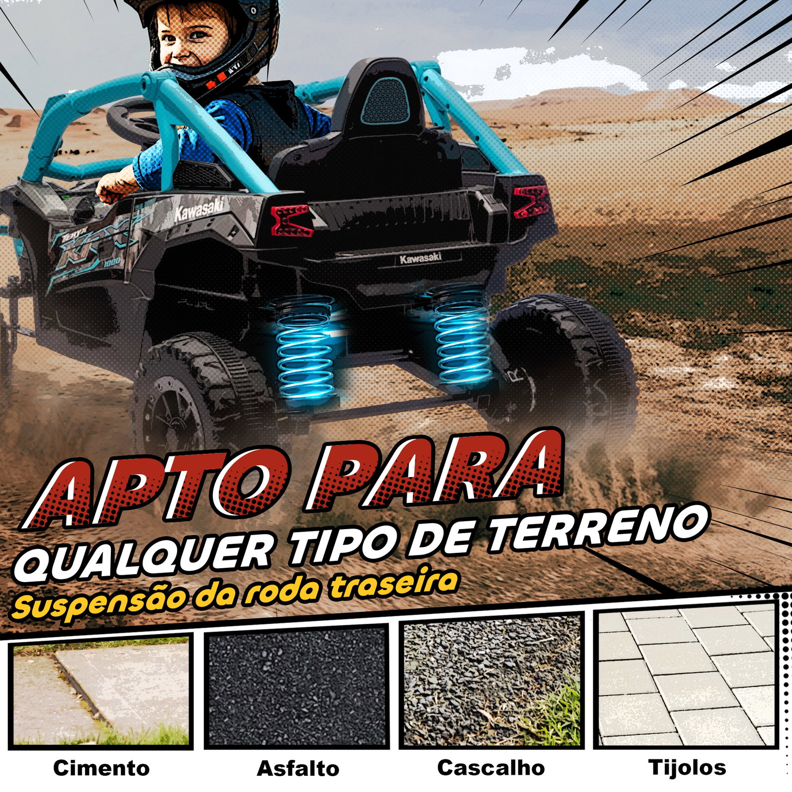 Carro elétrico para crianças 12v kawasaki teryx krx 1000 com 2 motores faróis e USB 100x64x56 cm azul