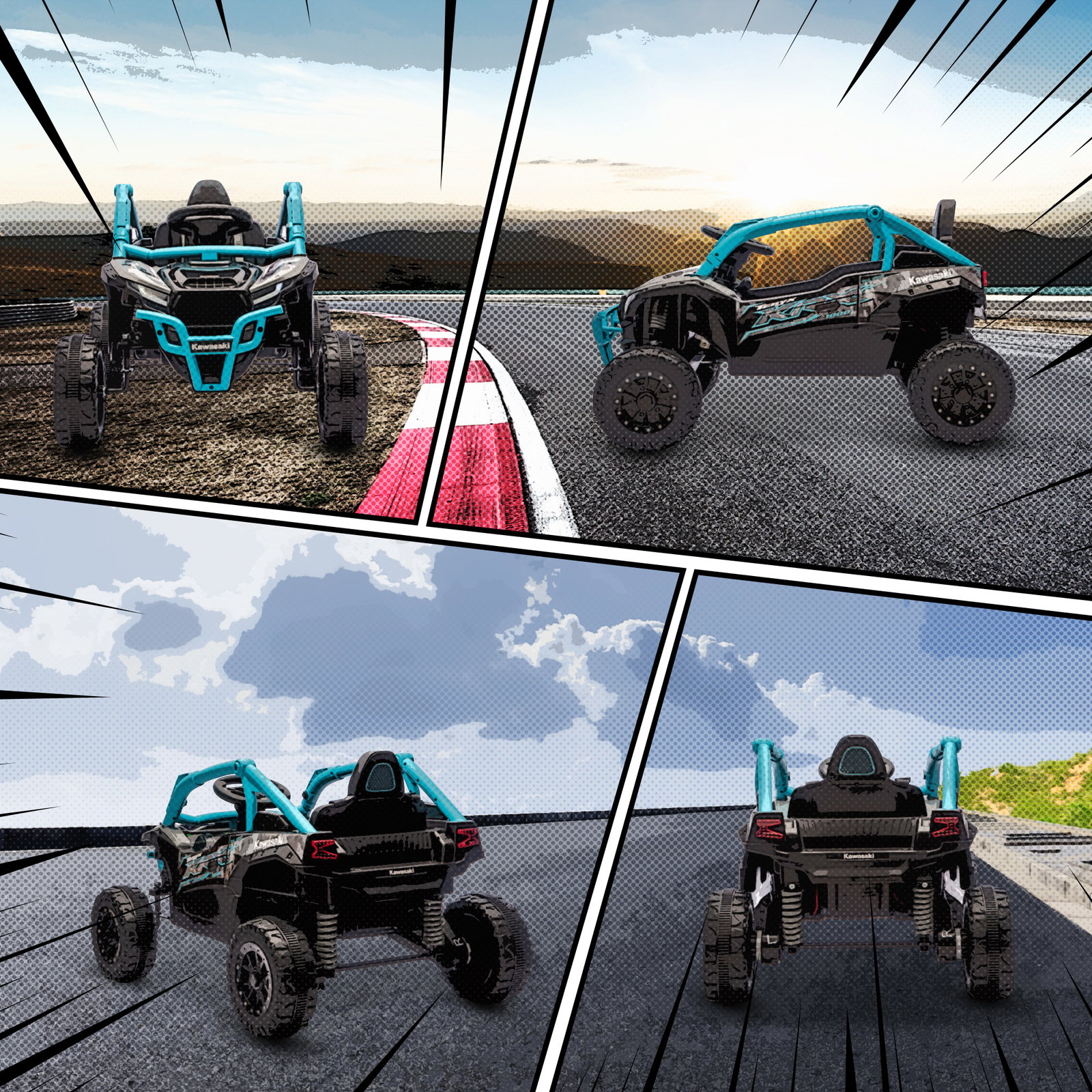 Carro elétrico para crianças 12v kawasaki teryx krx 1000 com 2 motores faróis e USB 100x64x56 cm azul