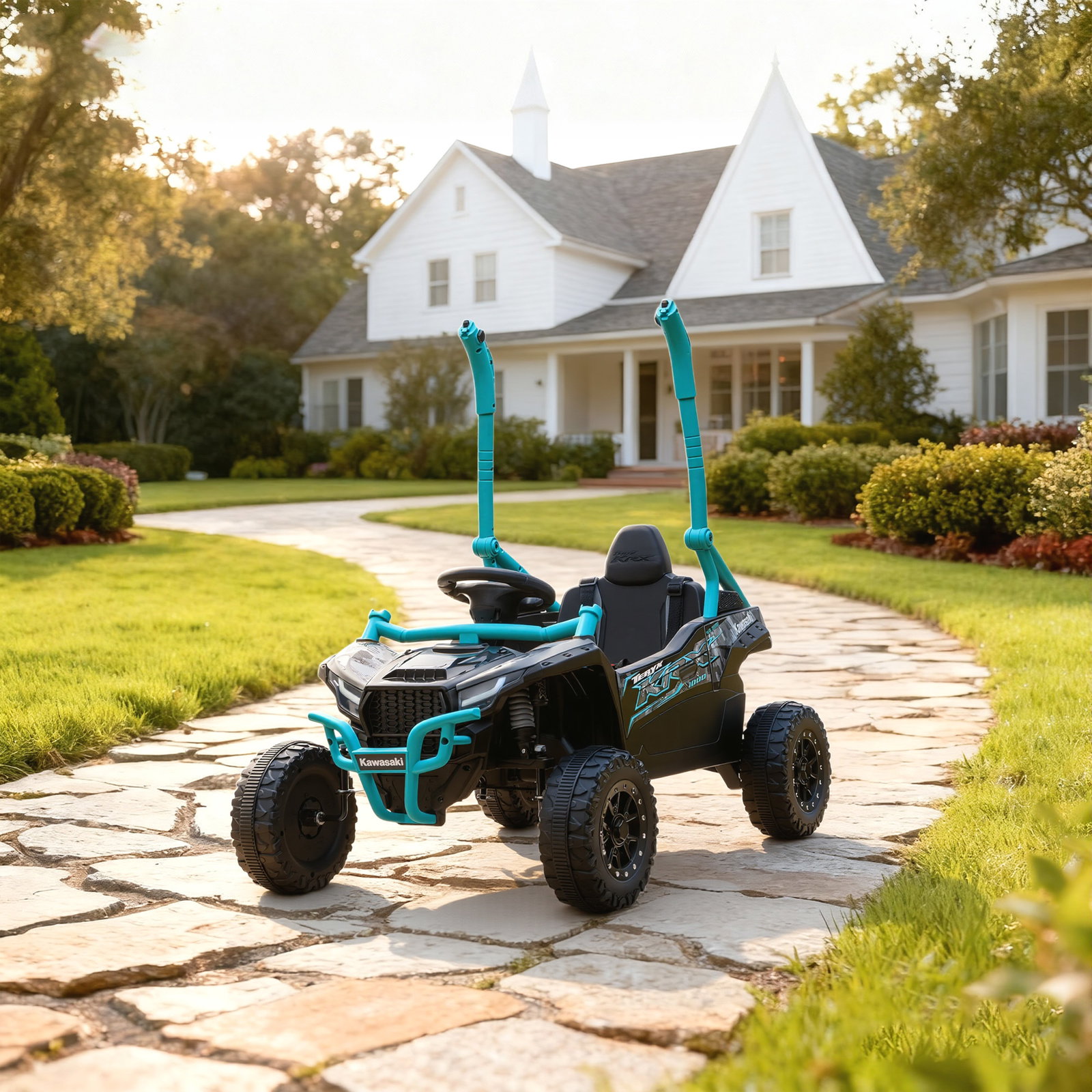Carro elétrico para crianças 12v kawasaki teryx krx 1000 com 2 motores faróis e USB 100x64x56 cm azul