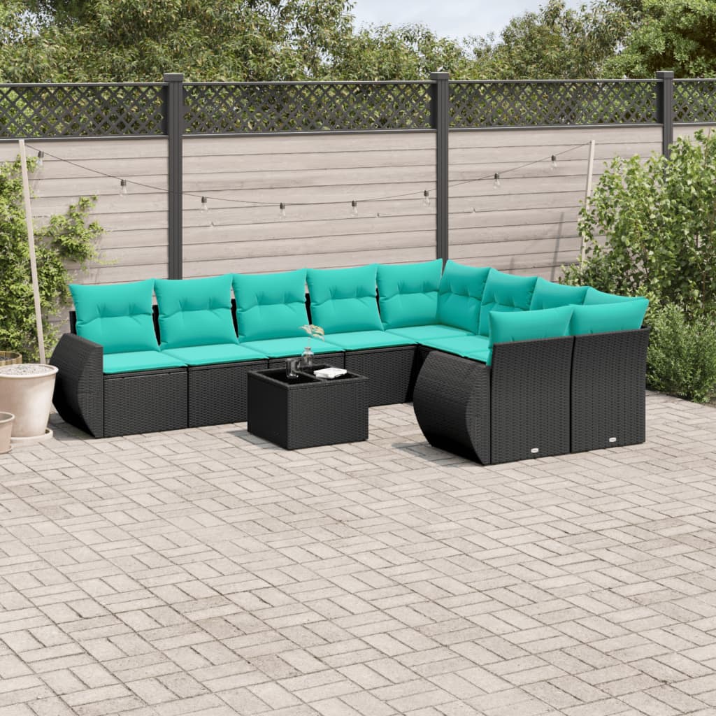 Conjunto de sofá de jardim com 10 peças e almofadas em rattan sintético preto