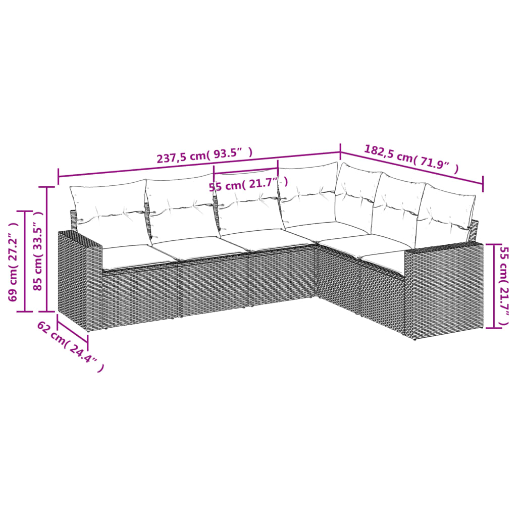 6 Pcs conj. sofás jardim com almofadões vime PE cinzento-claro